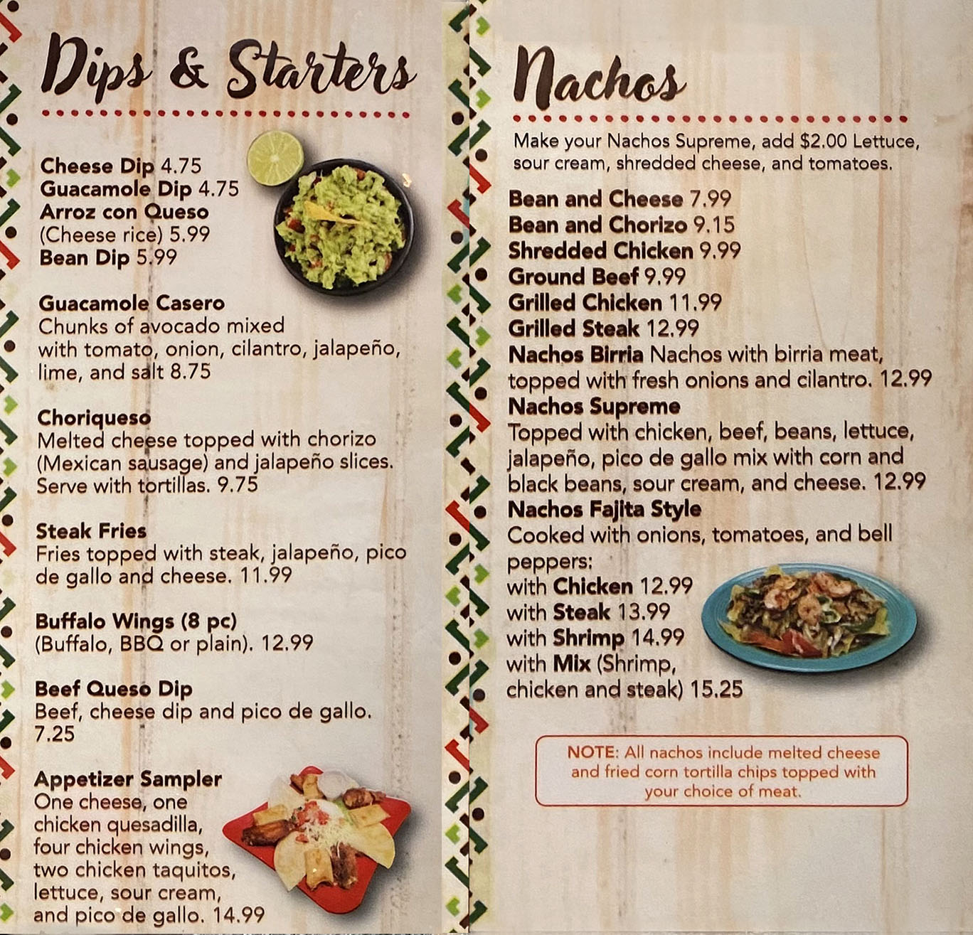 Starters and nachos menu