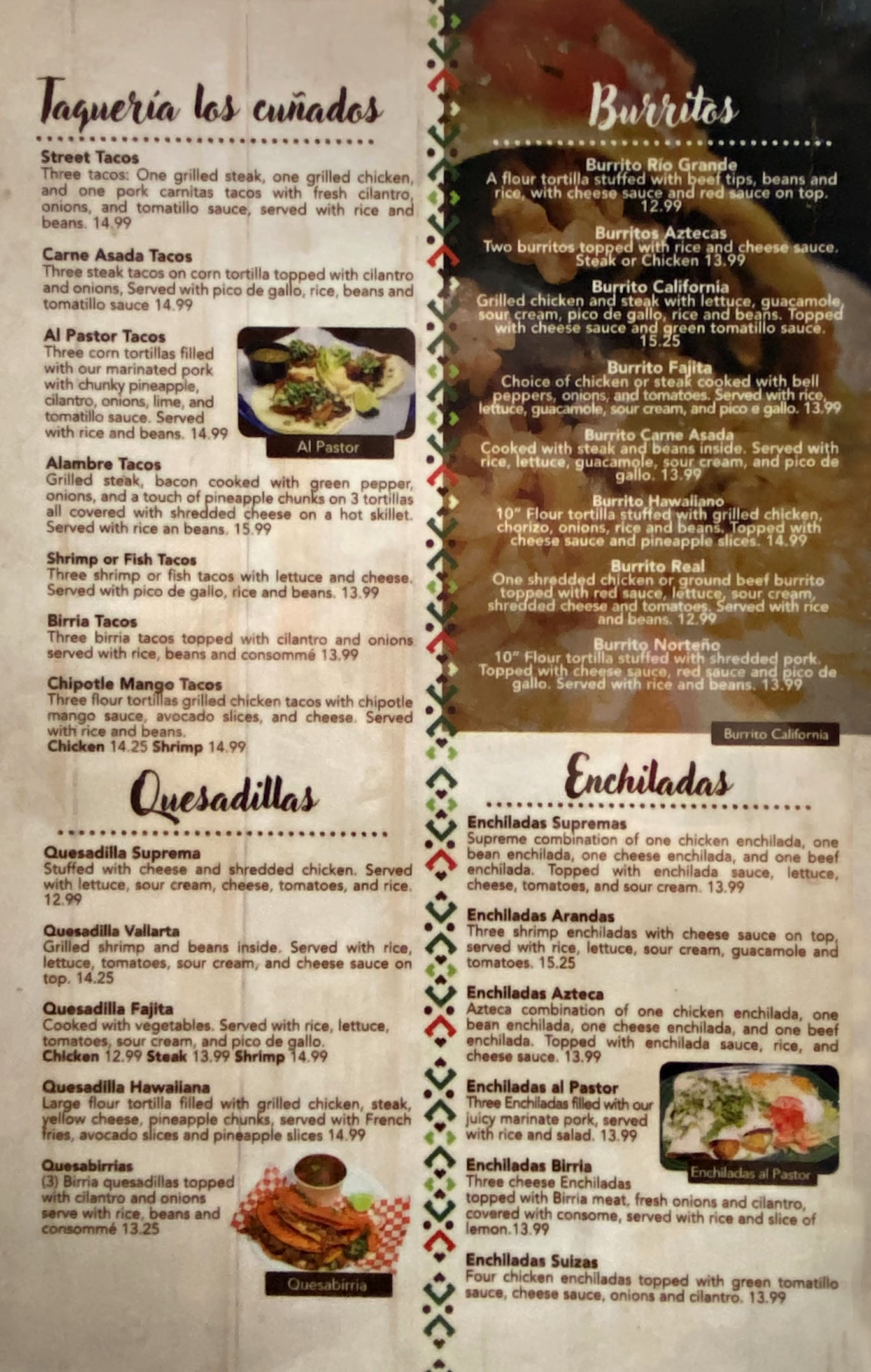 Tacos burritos and quesadillas menu