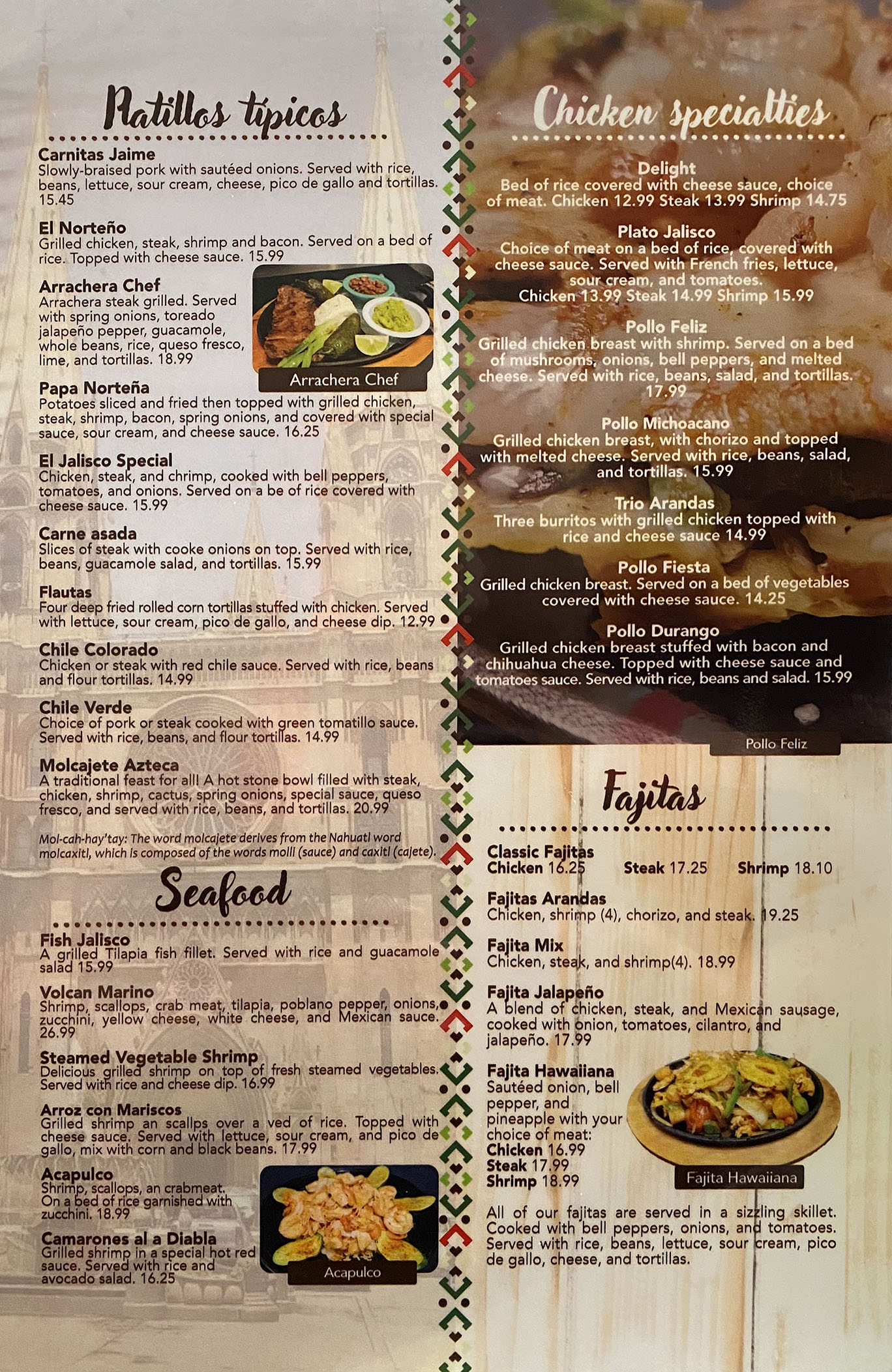 Entrees and fajitas menu