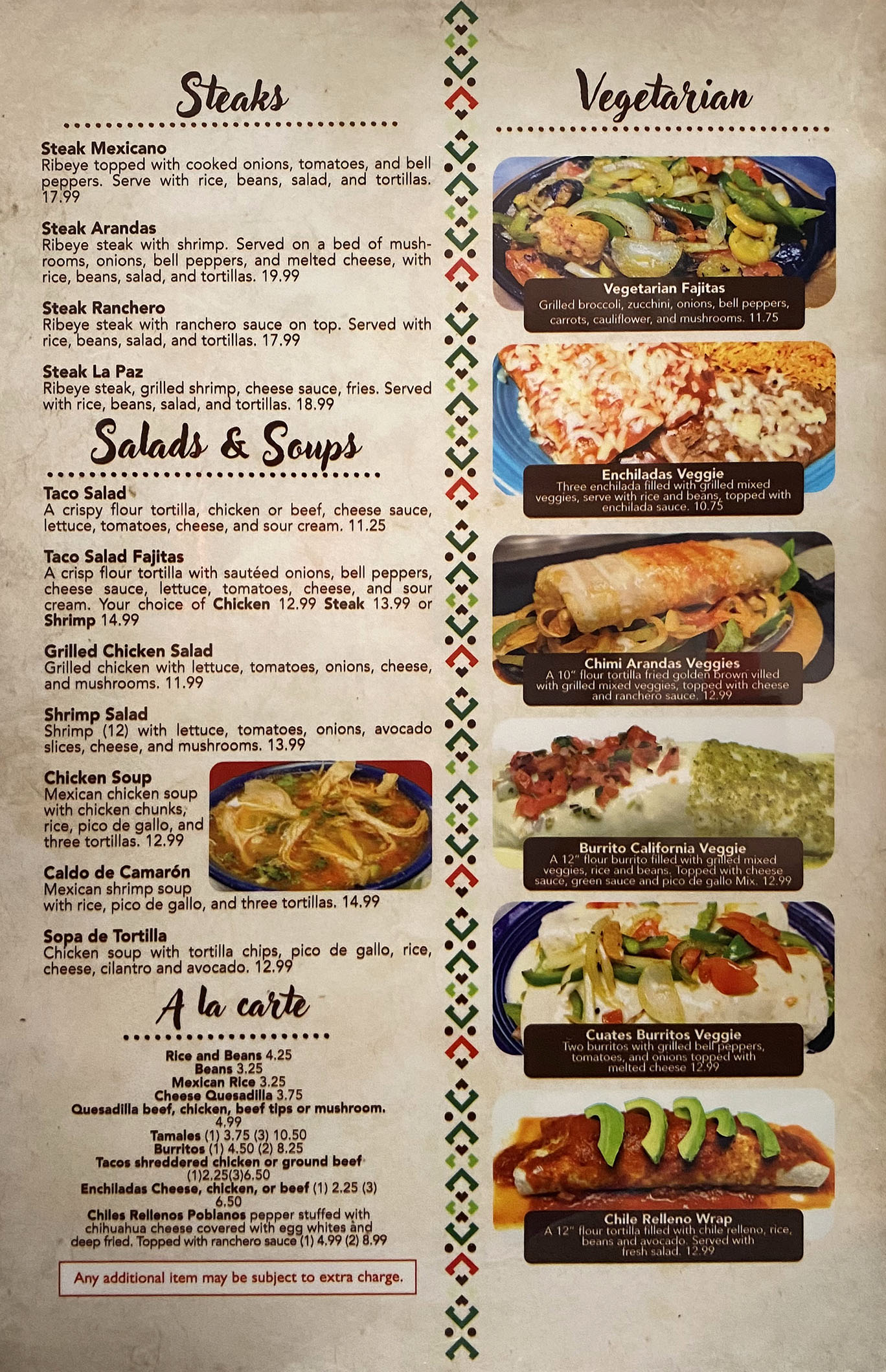 Seafood and vegetarian menu