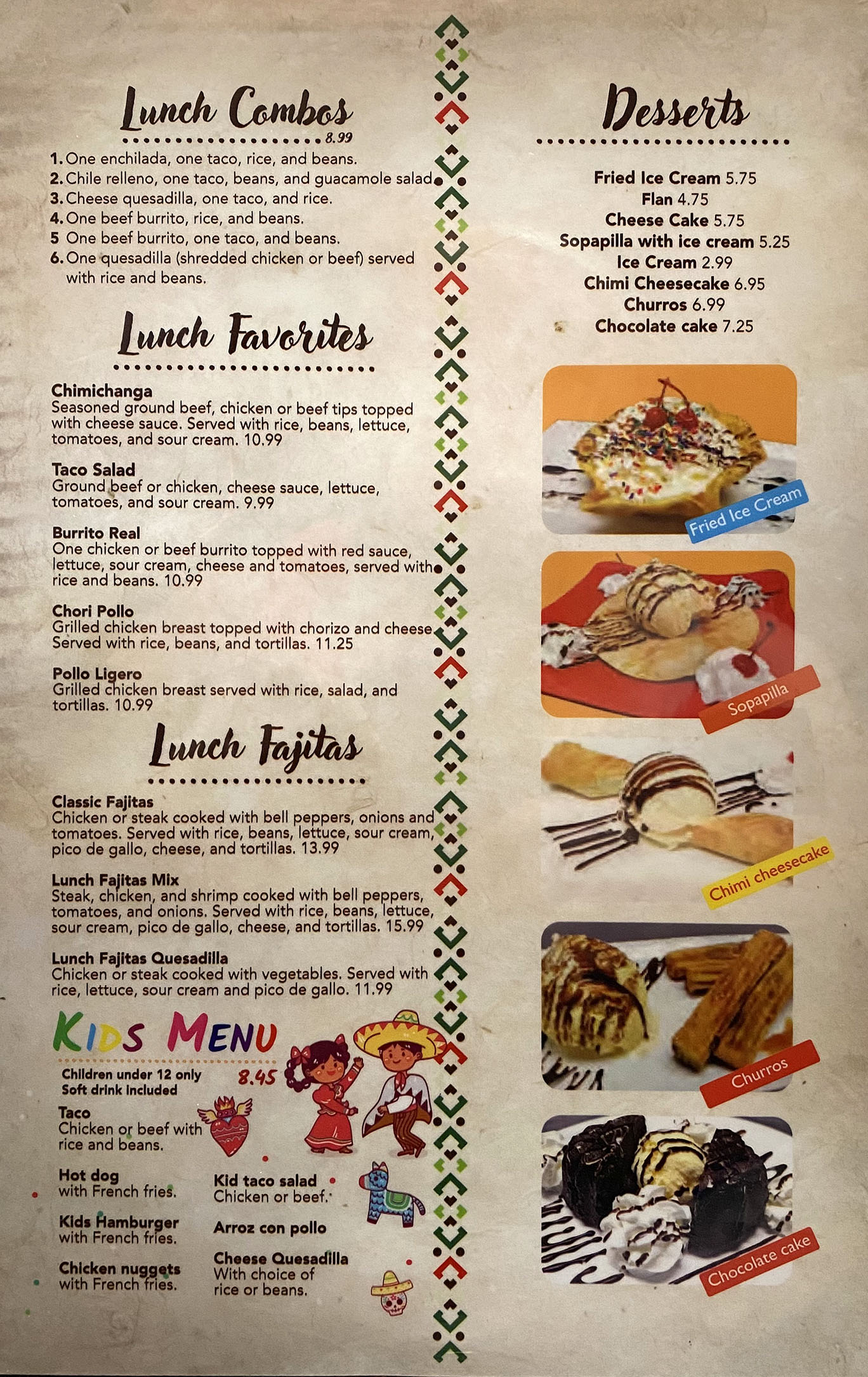 Lunch kids and desserts menu